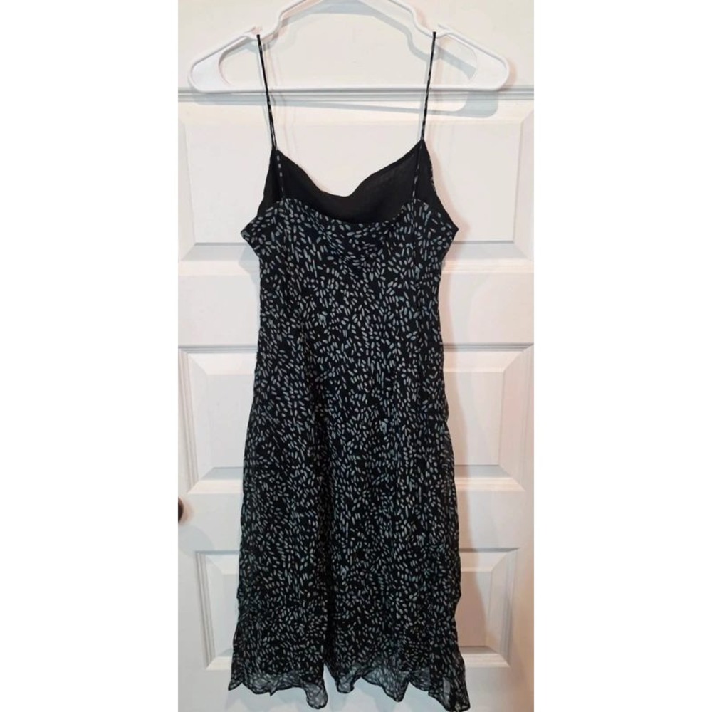 Ann Taylor Slip Dress Womens 12P Black Silk Boho Abstract Print Ruffle Hem Midi